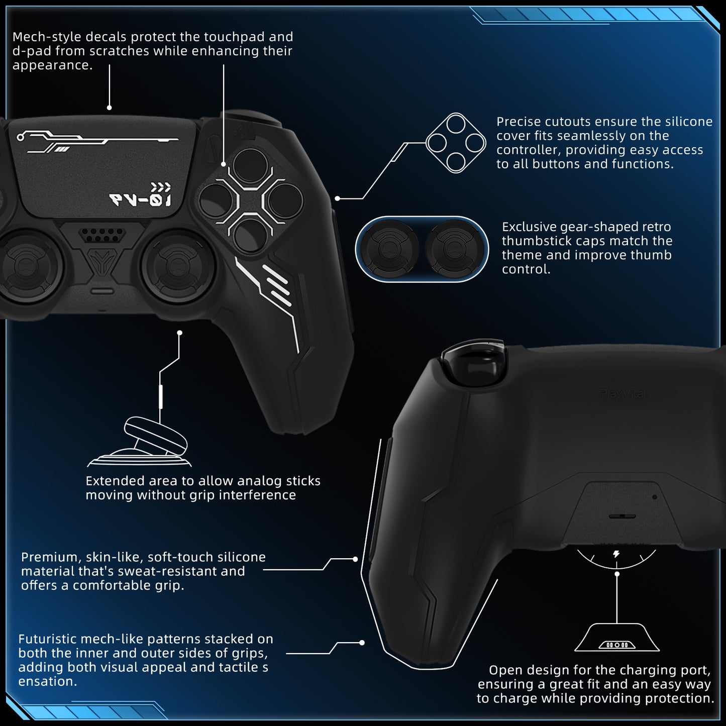 PlayVital Mecha Edition シリコンカバー with 2 ジョイスティックキャップと 6 ステッカー for PS5 コントローラー - 充電ステーション対応【ブラック】