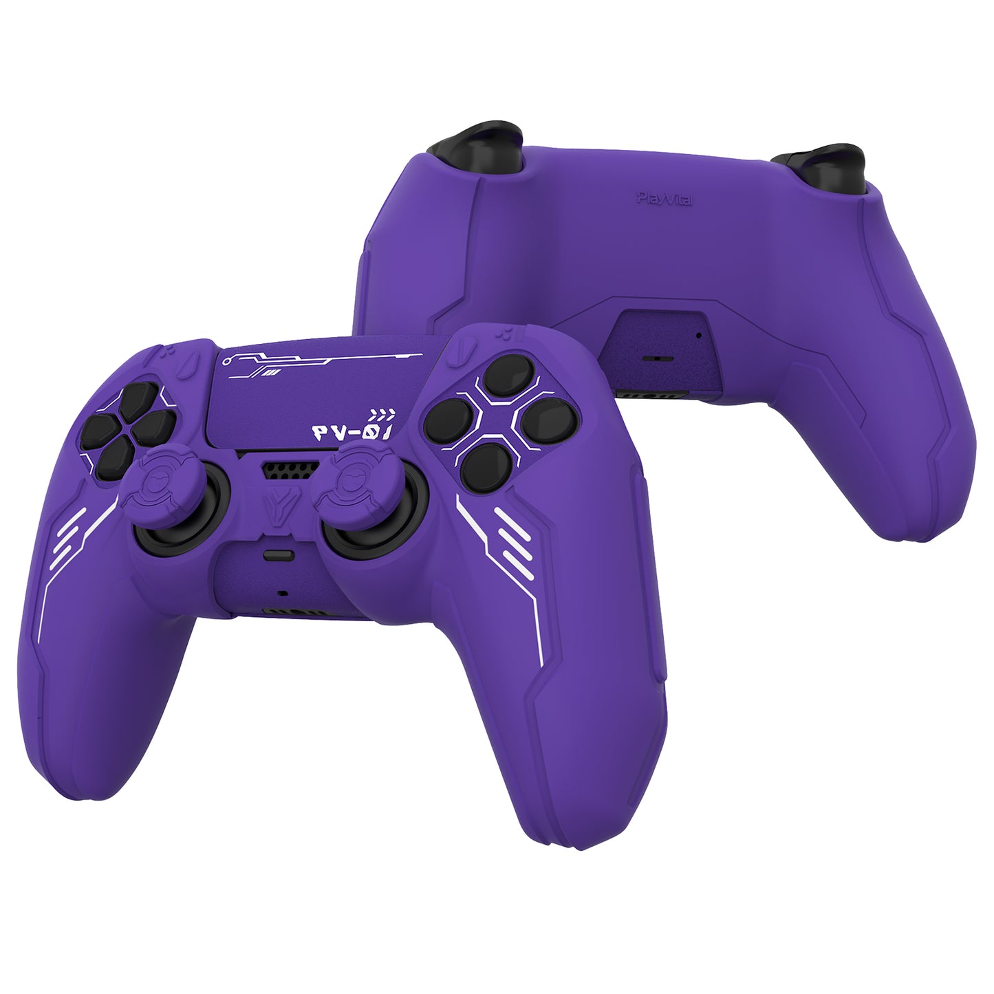 PlayVital Mecha Edition シリコンカバー with 2 ジョイスティックキャップと 6 ステッカー for PS5 コントローラー - 充電ステーション対応【パープル】
