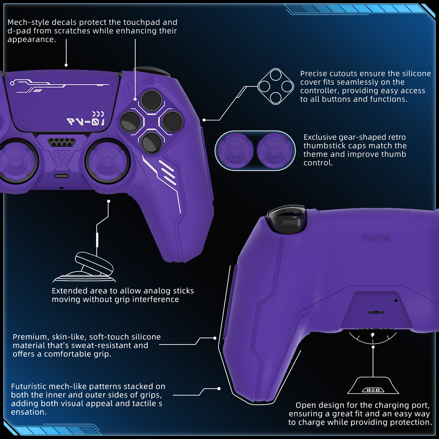 PlayVital Mecha Edition シリコンカバー with 2 ジョイスティックキャップと 6 ステッカー for PS5 コントローラー - 充電ステーション対応【パープル】