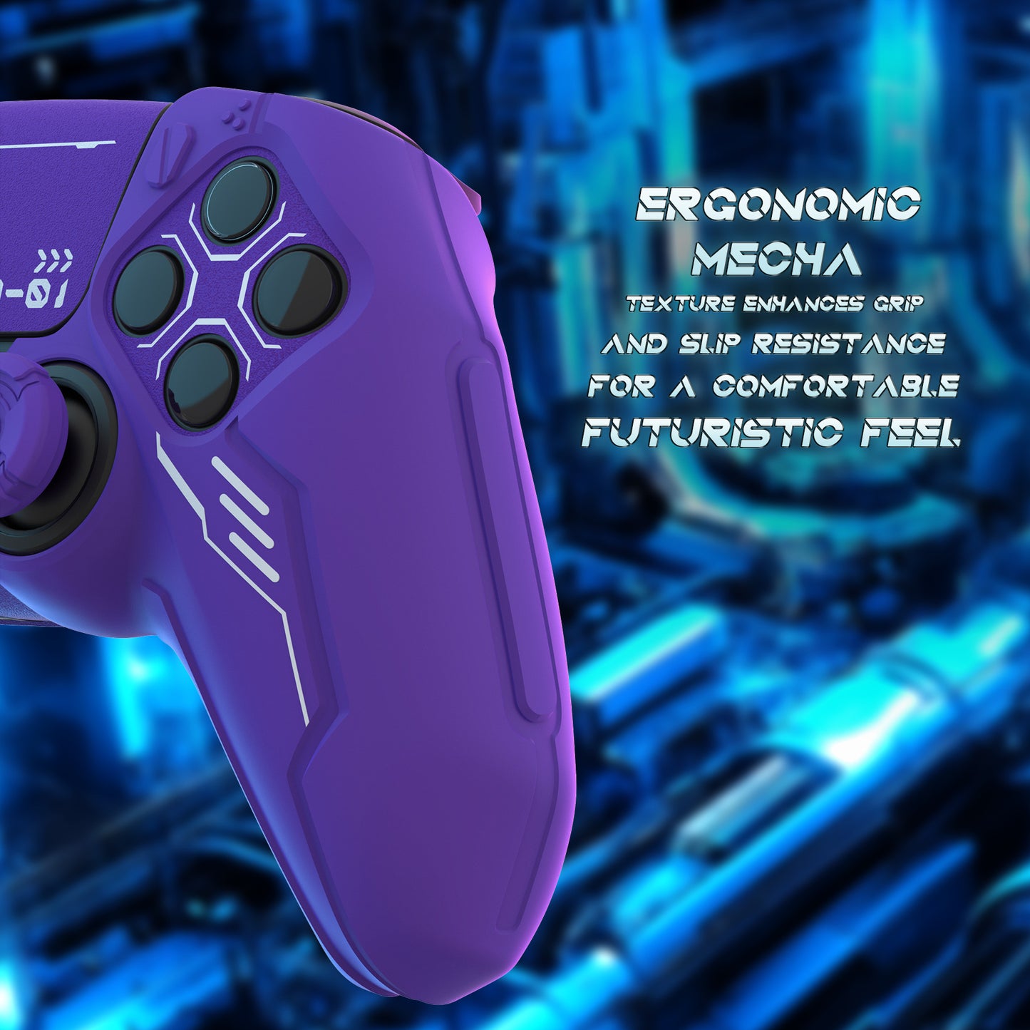 PlayVital Mecha Edition シリコンカバー with 2 ジョイスティックキャップと 6 ステッカー for PS5 コントローラー - 充電ステーション対応【パープル】