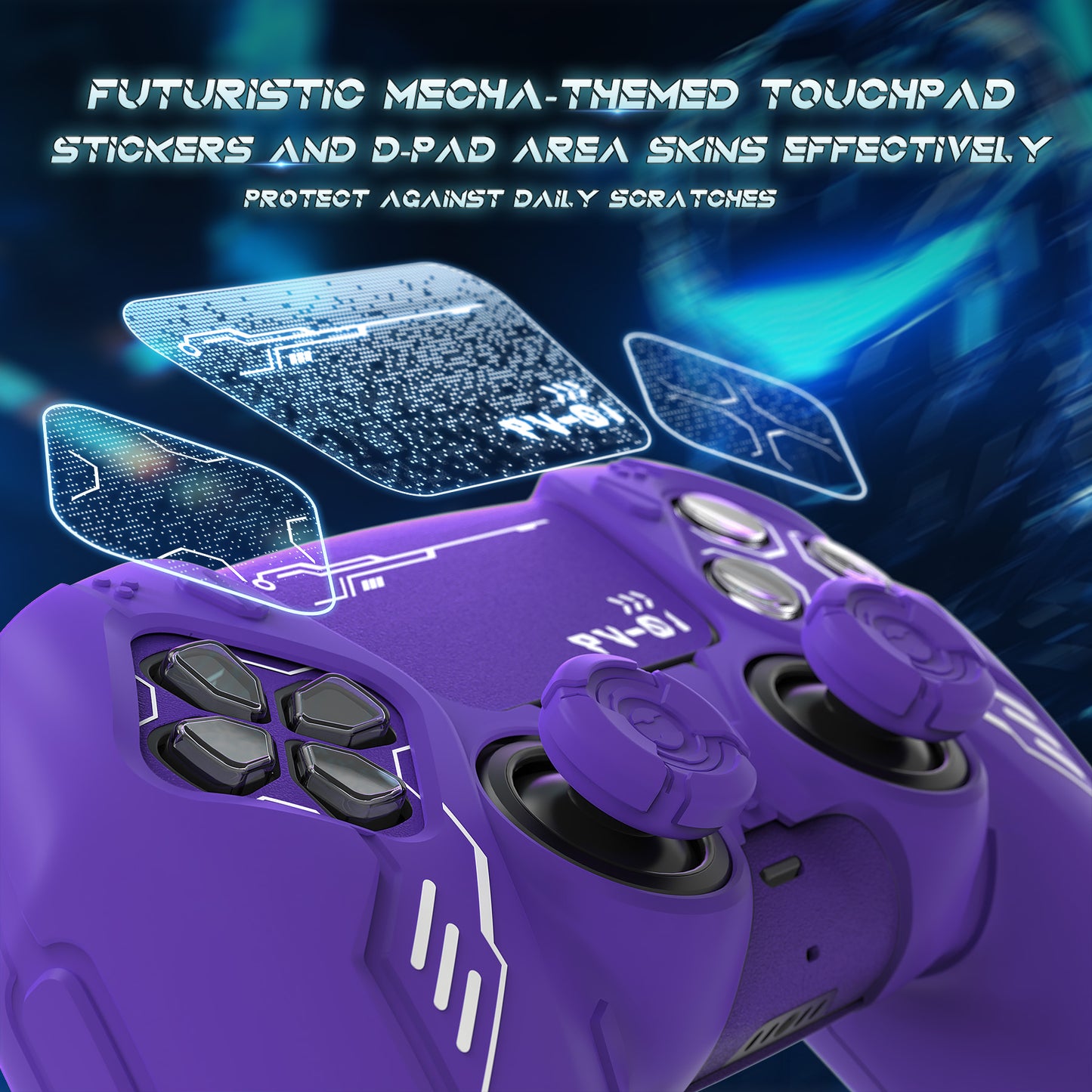 PlayVital Mecha Edition シリコンカバー with 2 ジョイスティックキャップと 6 ステッカー for PS5 コントローラー - 充電ステーション対応【パープル】