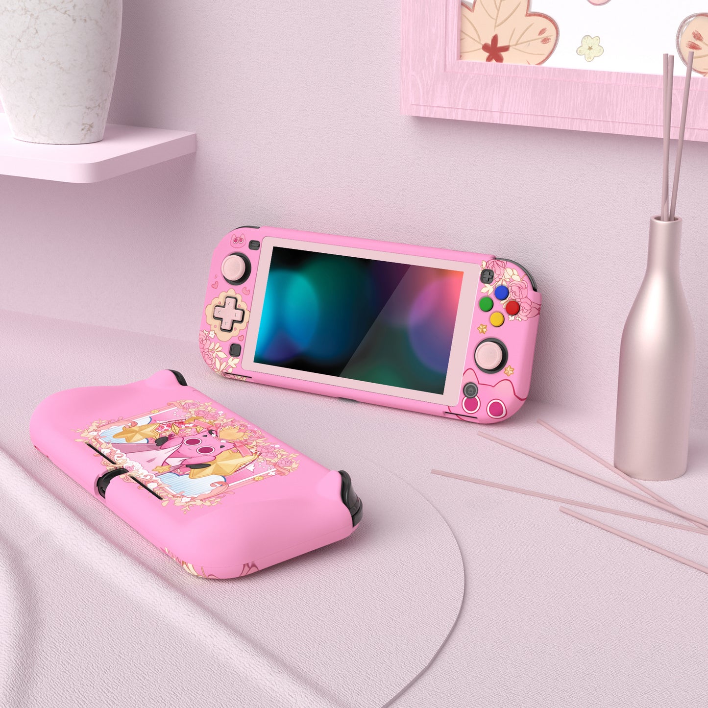 PlayVital ZealProtect ハードシェル保護ケース スクリーンプロテクター、サムグリップキャップ、ボタンキャップ付き Switch Lite用【PP & ピンク】