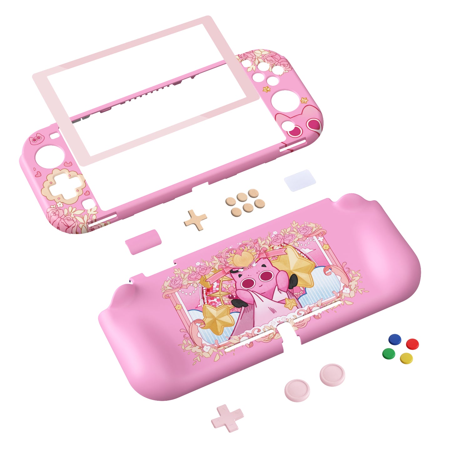 PlayVital ZealProtect ハードシェル保護ケース スクリーンプロテクター、サムグリップキャップ、ボタンキャップ付き Switch Lite用【PP & ピンク】