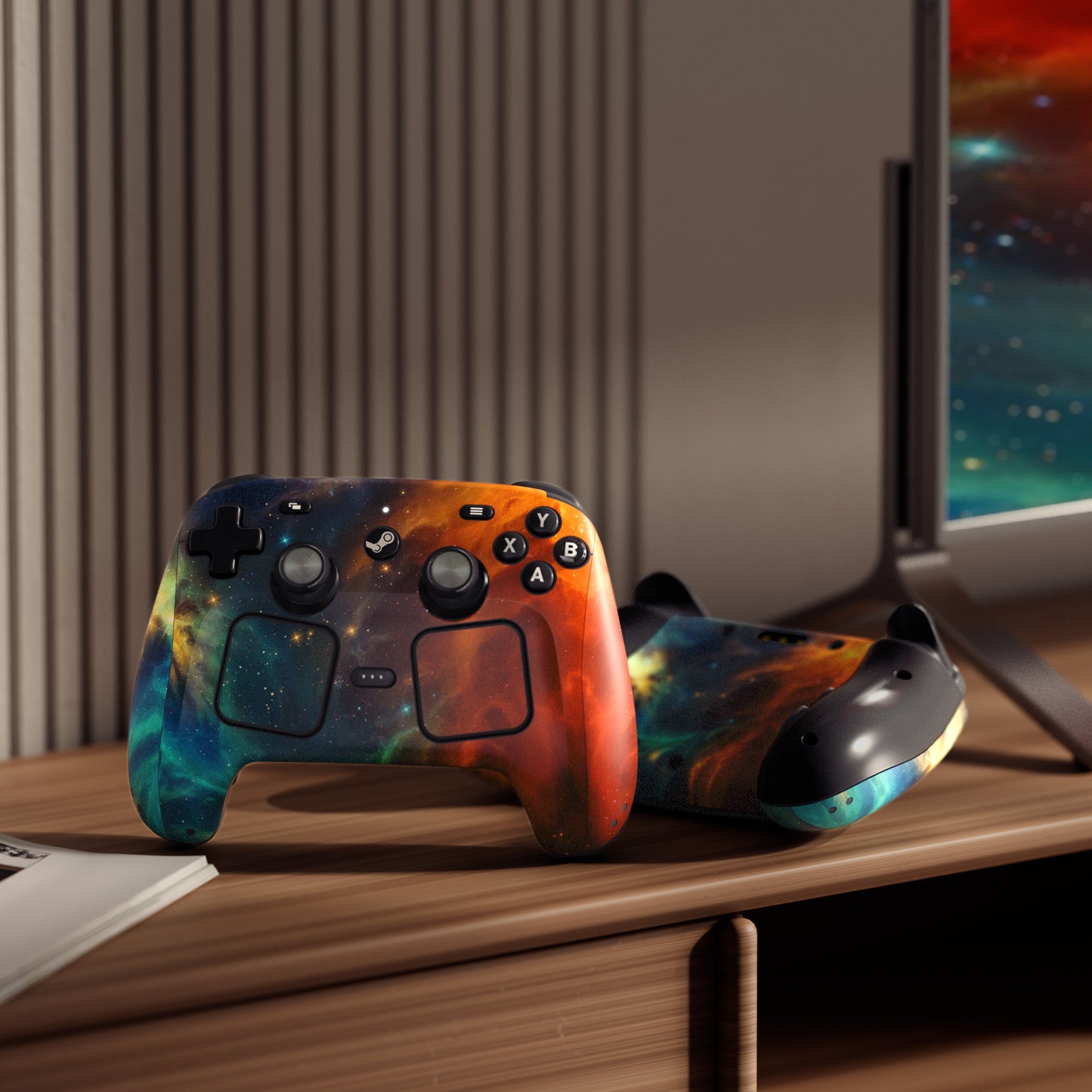 PlayVital Steam Controller 2 用 スキンシール 3枚セット|Steam Controller 2026 対応・キズ防止・貼り跡が残りにくい 保護デカールステッカー【オレンジ スター ユニバース】
