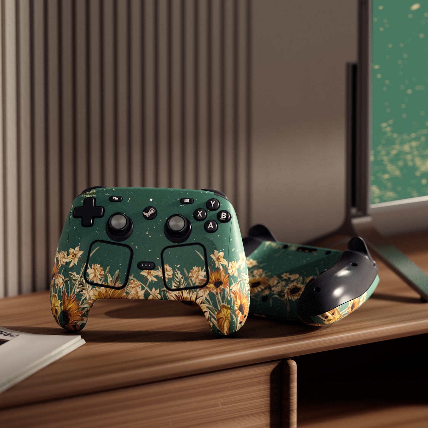 PlayVital Steam Controller 2 用 スキンシール 3枚セット|Steam Controller 2026 対応・キズ防止・貼り跡が残りにくい 保護デカールステッカー【ひまわり】