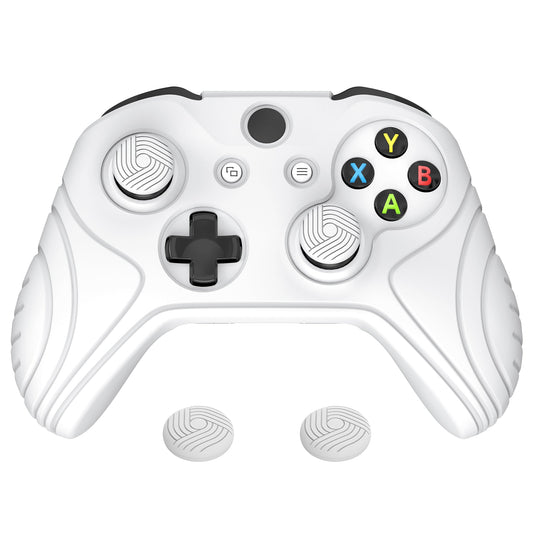 PlayVital Samurai Edition White Anti-Slip Controller Grip Silicone Skin for Xbox One X/S Controller, Ergonomic Soft Rubber Protective Case Cover for Xbox One S/X Controller with White Thumb Stick Caps - XOQ035 playvital