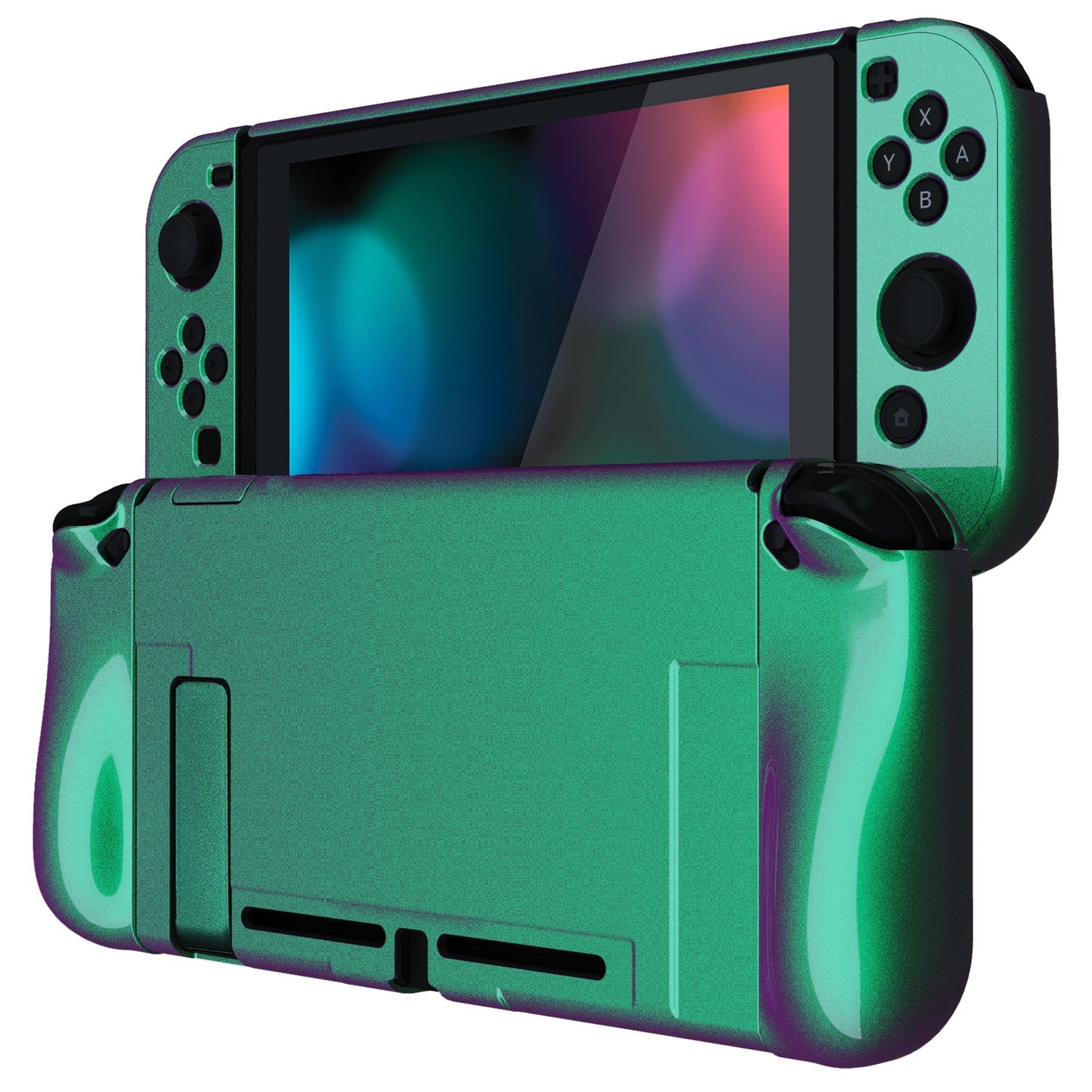 PlayVital UPGRADED Glossy Dockable Case Grip Cover for NS Switch, Ergonomic Protective Case for NS Switch, Separable Protector Hard Shell for Joycon - Chameleon Green Purple - ANSP3002 PlayVital