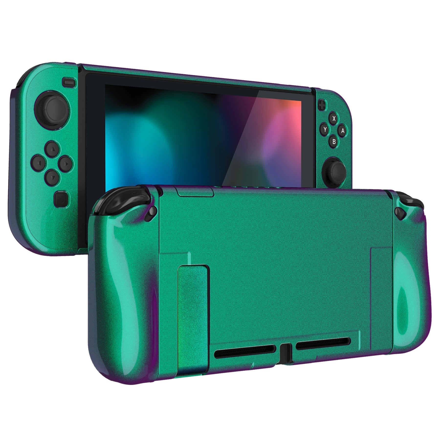 PlayVital UPGRADED Glossy Dockable Case Grip Cover for NS Switch, Ergonomic Protective Case for NS Switch, Separable Protector Hard Shell for Joycon - Chameleon Green Purple - ANSP3002 PlayVital