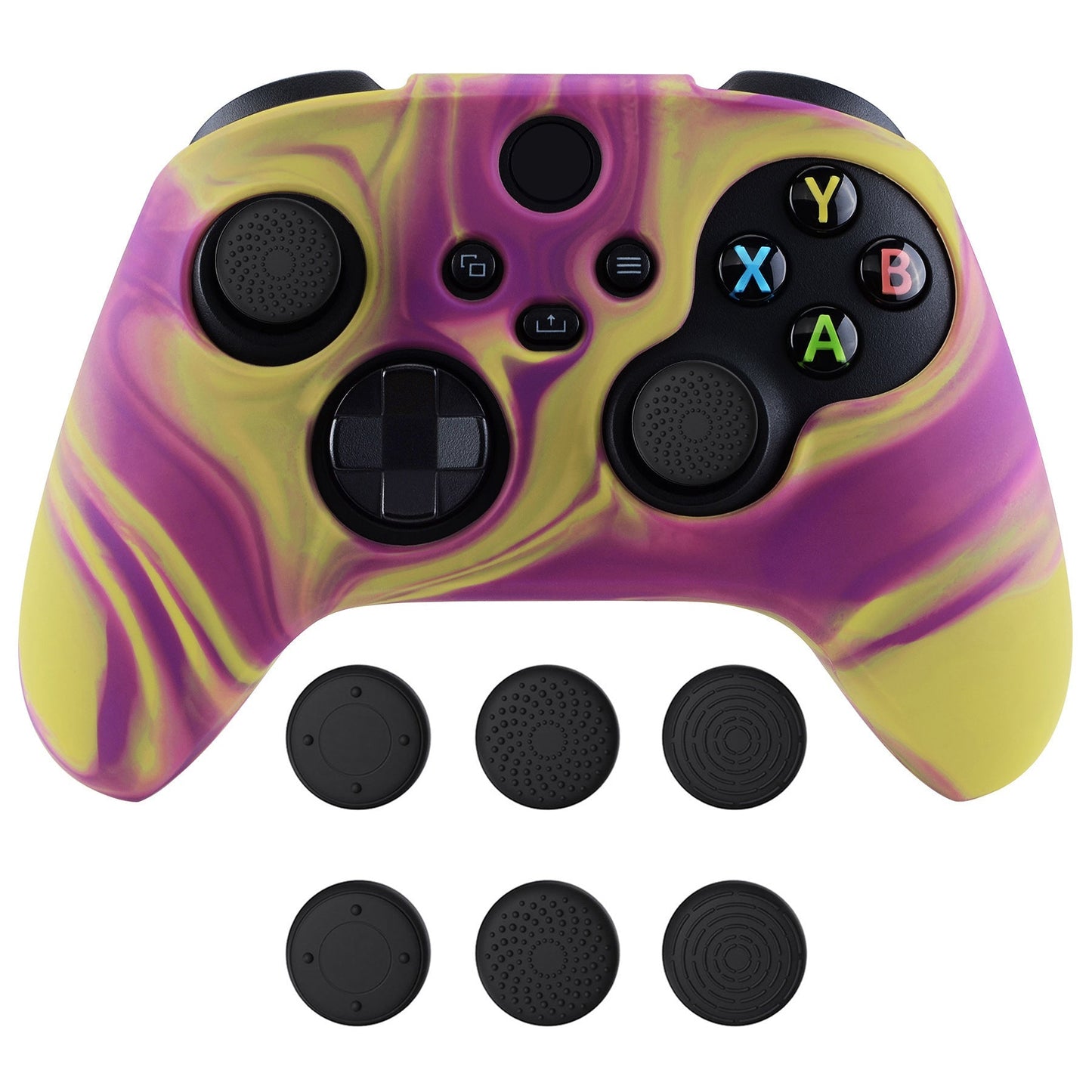 PlayVital Two Tone Purple & Yellow Camouflage Anti-Slip Silicone Cover Skin for Xbox Series X Controller, Soft Rubber Case Protector for Xbox Series S Controller with Black Thumb Grip Caps - BLX3013 PlayVital