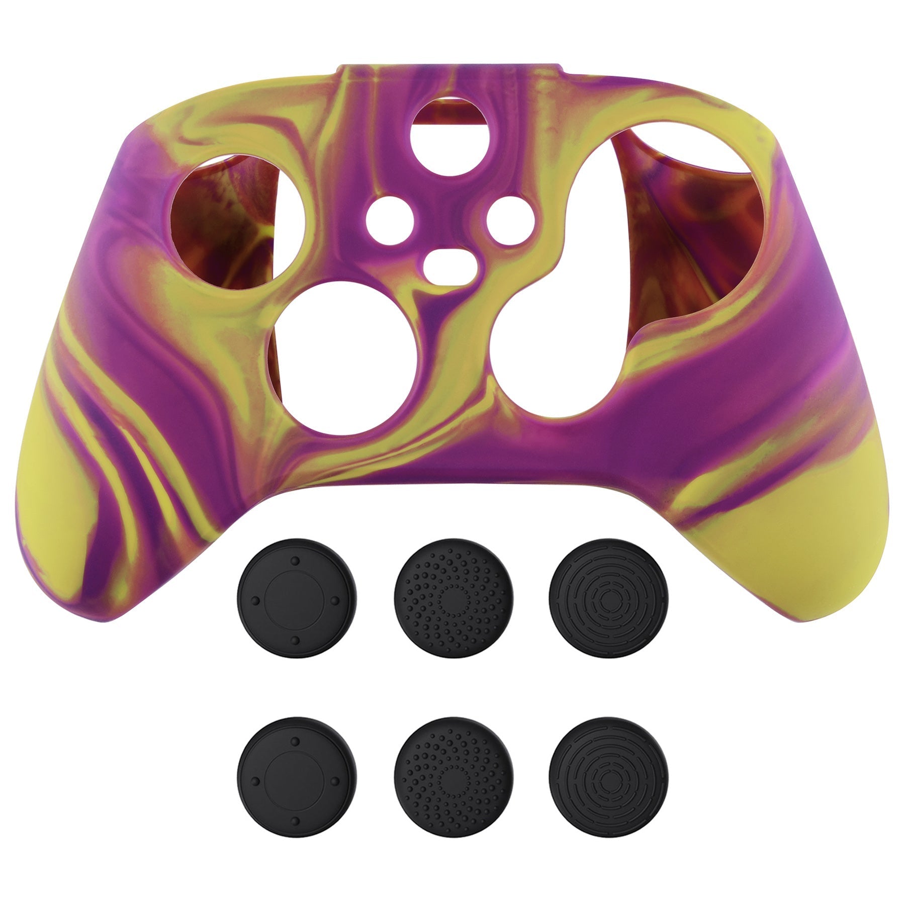 PlayVital Two Tone Purple & Yellow Camouflage Anti-Slip Silicone Cover Skin for Xbox Series X Controller, Soft Rubber Case Protector for Xbox Series S Controller with Black Thumb Grip Caps - BLX3013 PlayVital