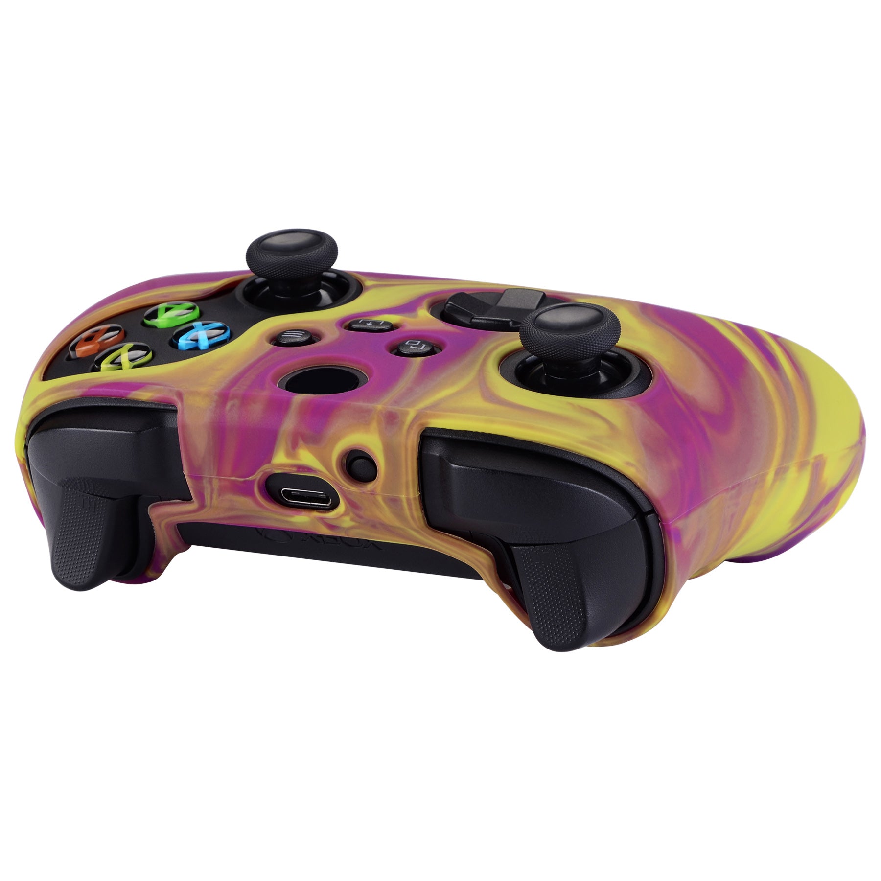 PlayVital Two Tone Purple & Yellow Camouflage Anti-Slip Silicone Cover Skin for Xbox Series X Controller, Soft Rubber Case Protector for Xbox Series S Controller with Black Thumb Grip Caps - BLX3013 PlayVital