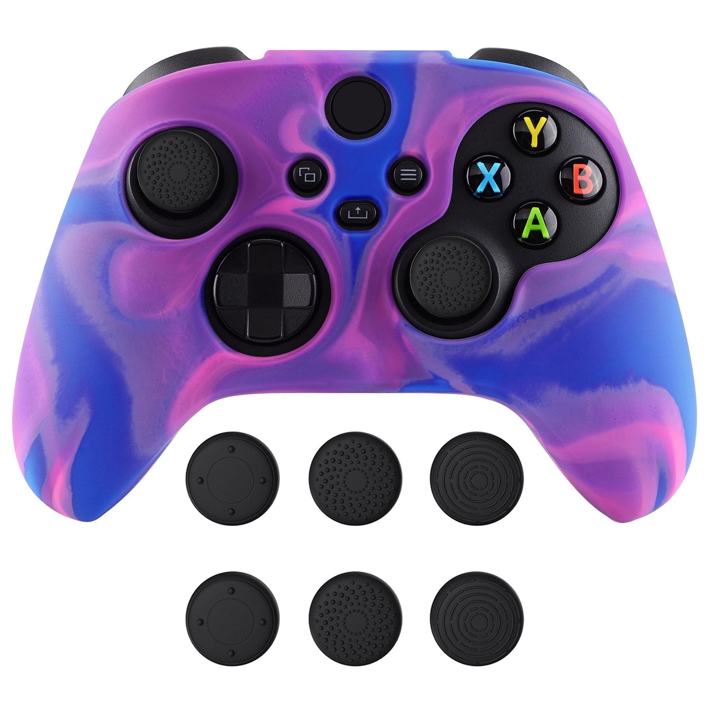 PlayVital Tri-Color Pink & Purple & Blue Camouflage Anti-Slip Silicone Cover Skin for Xbox Series X Controller, Soft Rubber Case Protector for Xbox Series S Controller with Black Thumb Grip Caps - BLX3015 PlayVital