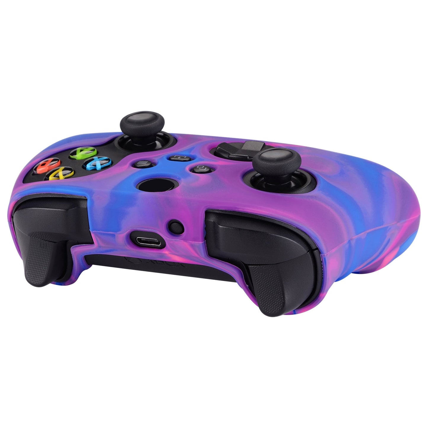 PlayVital Tri-Color Pink & Purple & Blue Camouflage Anti-Slip Silicone Cover Skin for Xbox Series X Controller, Soft Rubber Case Protector for Xbox Series S Controller with Black Thumb Grip Caps - BLX3015 PlayVital