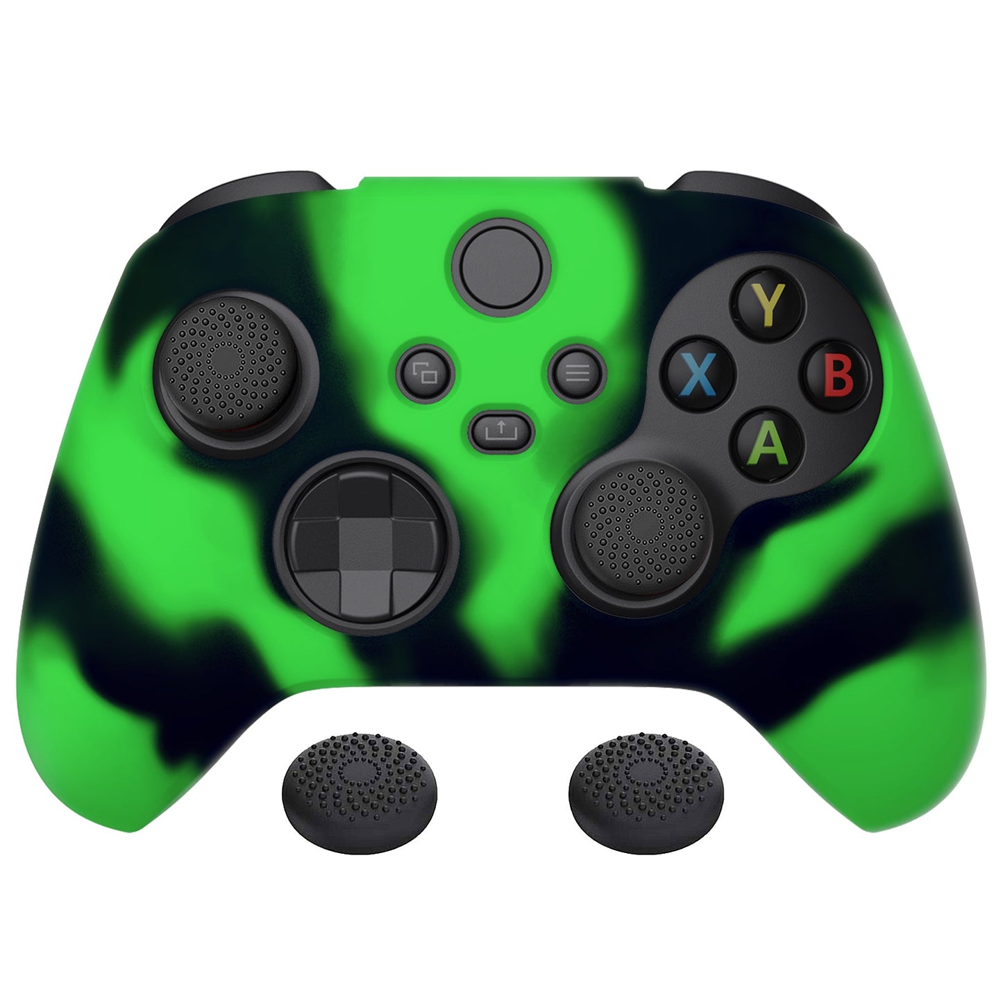 PlayVital Camouflage Soft Anti-Slip Silicone Cover for Xbox Series X Controller, Rubber Case Protector for Xbox Series S Controller with Black Thumb Grip Caps - Green & Black - BLX3023 PlayVital