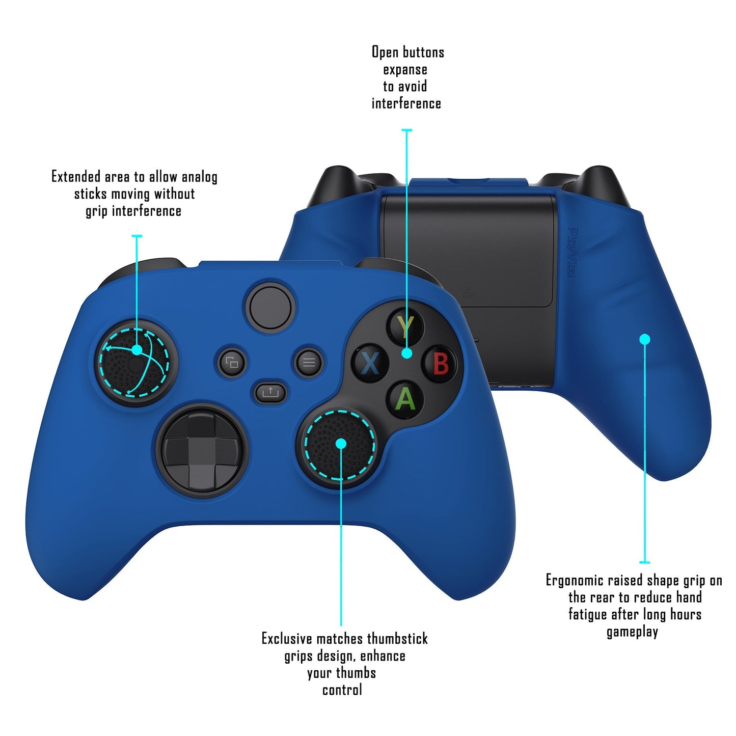 PlayVital Blue Pure Series Anti-Slip Silicone Cover Skin for Xbox Series X Controller, Soft Rubber Case Protector for Xbox Series S Controller with Black Thumb Grip Caps - BLX3008 PlayVital