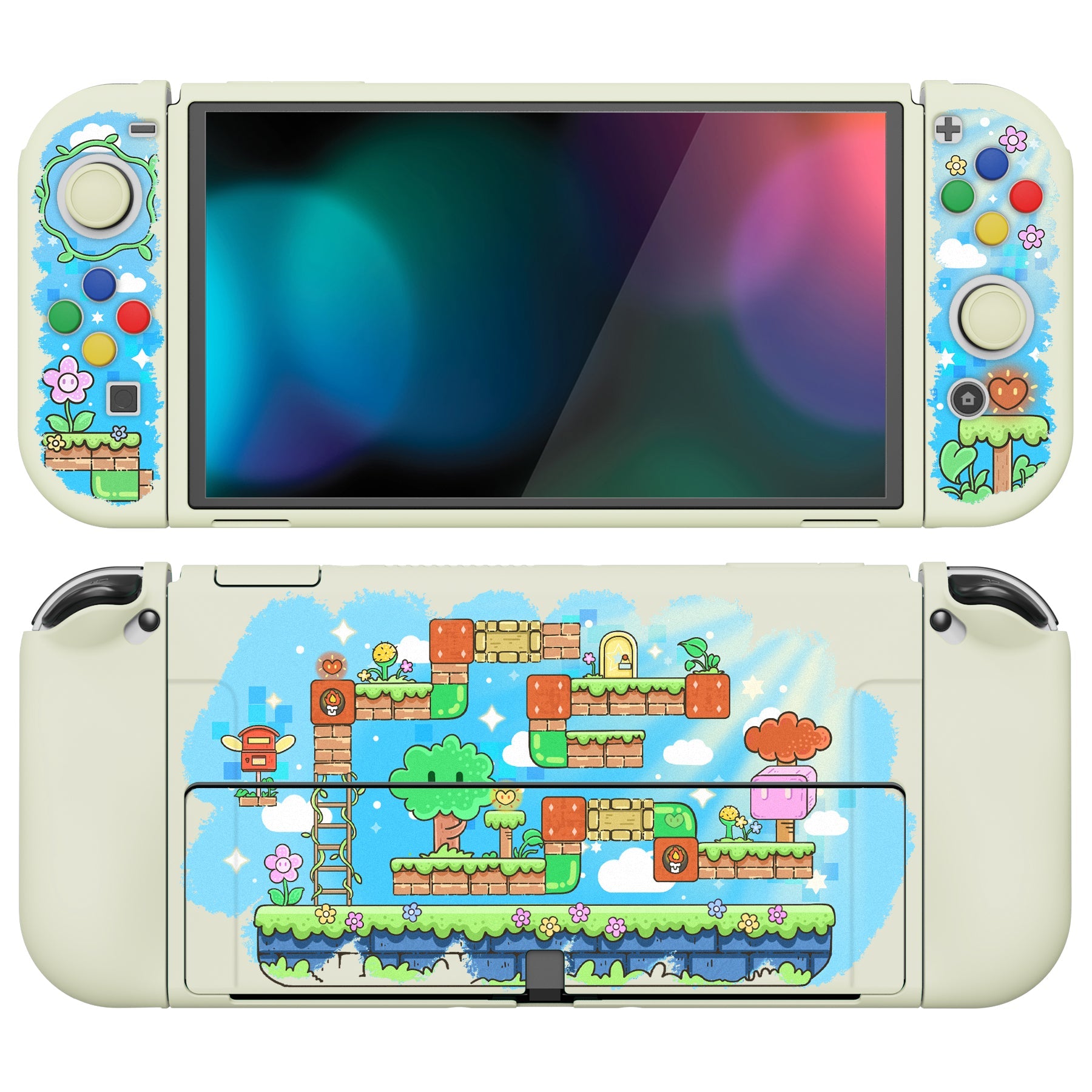 PlayVital ZealProtect Soft Protective Case for Switch OLED, Flexible Protector Joycon Grip Cover for Switch OLED with Thumb Grip Caps & ABXY Direction Button Caps - Blocks Adventure - XSOYV6042 playvital