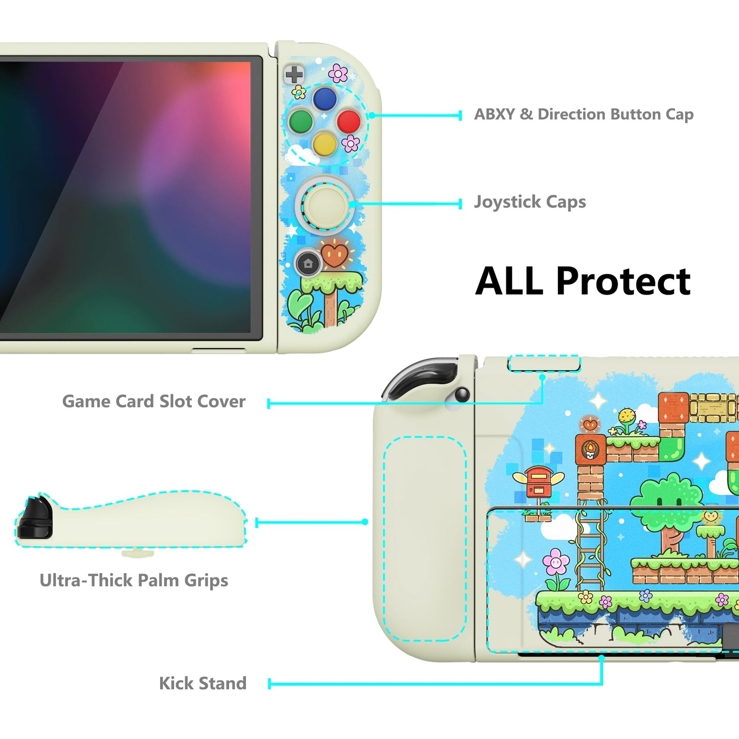 PlayVital ZealProtect Soft Protective Case for Switch OLED, Flexible Protector Joycon Grip Cover for Switch OLED with Thumb Grip Caps & ABXY Direction Button Caps - Blocks Adventure - XSOYV6042 playvital