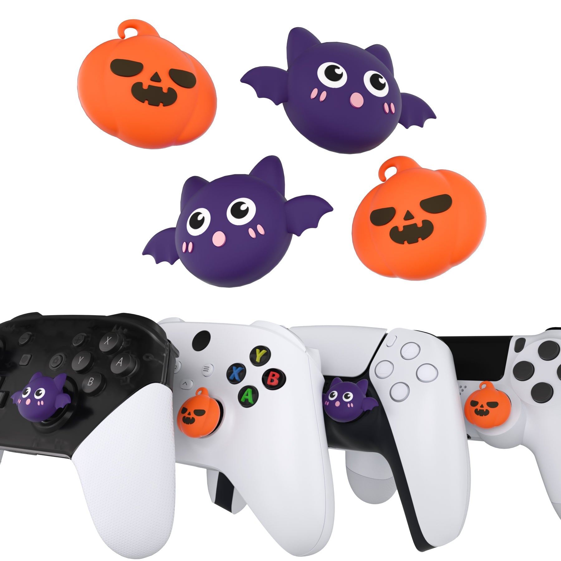 PlayVital Cute Thumb Grip Caps for ps5/4 Controller, Silicone Analog Stick Caps Cover for Xbox Series X/S, Thumbstick Caps for Switch Pro Controller - Halloween Pumpkin Bat - PJM3031 PlayVital