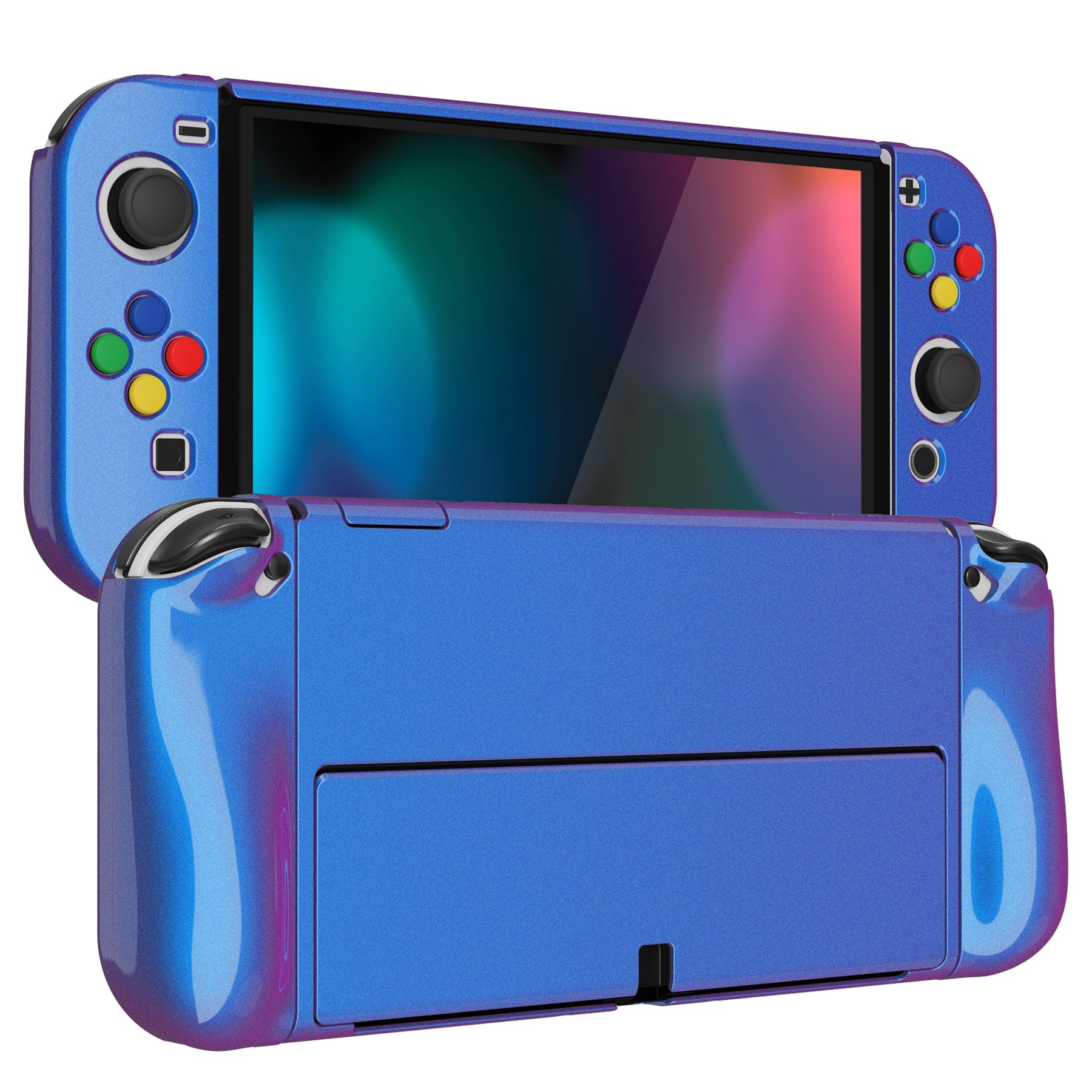 PlayVital AlterGrips Glossy Protective Slim Case for Nintendo Switch OLED, Ergonomic Grip Cover for Joycon, Dockable Hard Shell for Switch OLED w/Thumb Grip Caps & Button Caps - Chameleon Purple Blue - JSOYP3001 playvital