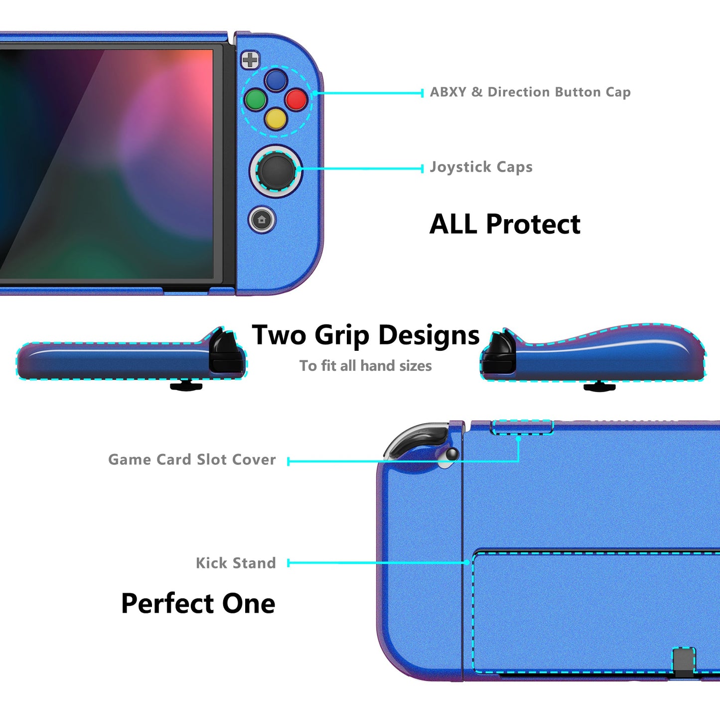 PlayVital AlterGrips Glossy Protective Slim Case for Nintendo Switch OLED, Ergonomic Grip Cover for Joycon, Dockable Hard Shell for Switch OLED w/Thumb Grip Caps & Button Caps - Chameleon Purple Blue - JSOYP3001 playvital