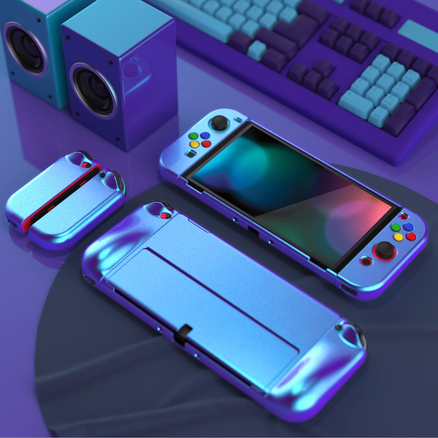 PlayVital AlterGrips Glossy Protective Slim Case for Nintendo Switch OLED, Ergonomic Grip Cover for Joycon, Dockable Hard Shell for Switch OLED w/Thumb Grip Caps & Button Caps - Chameleon Purple Blue - JSOYP3001 playvital