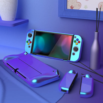 PlayVital AlterGrips Glossy Protective Slim Case for Nintendo Switch OLED, Ergonomic Grip Cover for Joycon, Dockable Hard Shell for Switch OLED w/Thumb Grip Caps & Button Caps - Chameleon Purple Blue - JSOYP3001 playvital