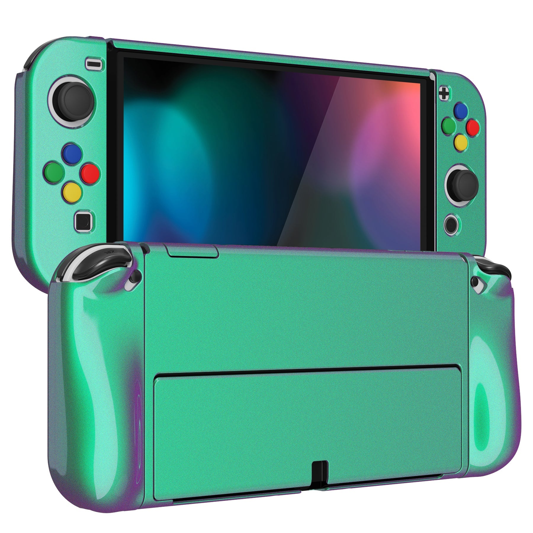 PlayVital AlterGrips Glossy Protective Slim Case for Nintendo Switch OLED, Ergonomic Grip Cover for Joycon, Dockable Hard Shell for Switch OLED with Thumb Grip Caps & Button Caps - Chameleon Green Purple - JSOYP3002 playvital