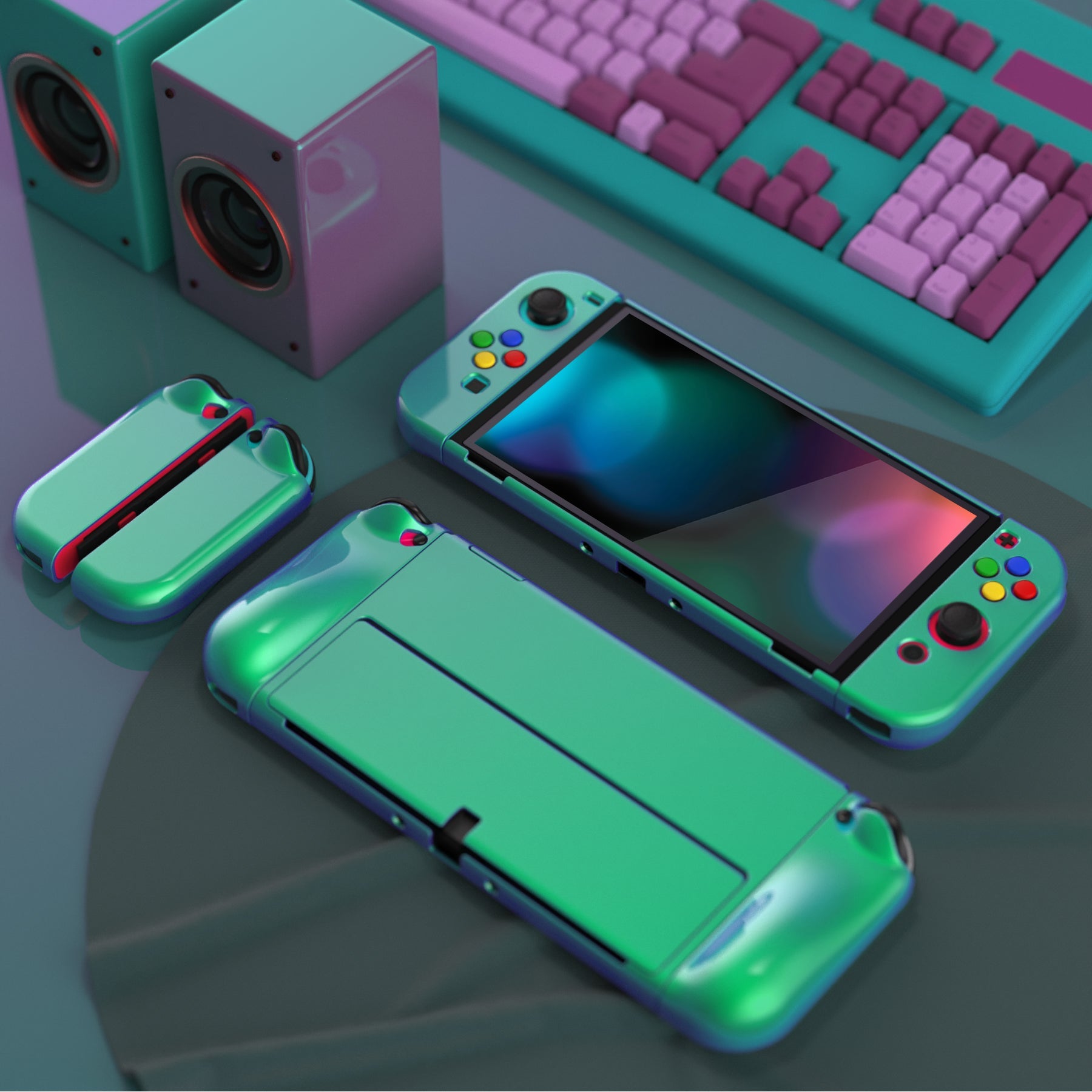 PlayVital AlterGrips Glossy Protective Slim Case for Nintendo Switch OLED, Ergonomic Grip Cover for Joycon, Dockable Hard Shell for Switch OLED with Thumb Grip Caps & Button Caps - Chameleon Green Purple - JSOYP3002 playvital