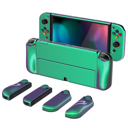 PlayVital AlterGrips Glossy Protective Slim Case for Nintendo Switch OLED, Ergonomic Grip Cover for Joycon, Dockable Hard Shell for Switch OLED with Thumb Grip Caps & Button Caps - Chameleon Green Purple - JSOYP3002 playvital