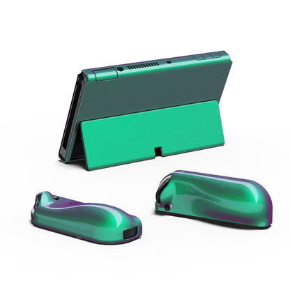 PlayVital AlterGrips Glossy Protective Slim Case for Nintendo Switch OLED, Ergonomic Grip Cover for Joycon, Dockable Hard Shell for Switch OLED with Thumb Grip Caps & Button Caps - Chameleon Green Purple - JSOYP3002 playvital