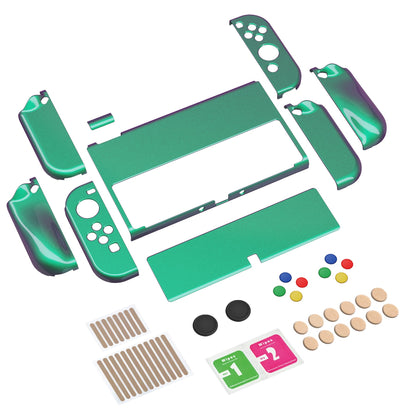 PlayVital AlterGrips Glossy Protective Slim Case for Nintendo Switch OLED, Ergonomic Grip Cover for Joycon, Dockable Hard Shell for Switch OLED with Thumb Grip Caps & Button Caps - Chameleon Green Purple - JSOYP3002 playvital