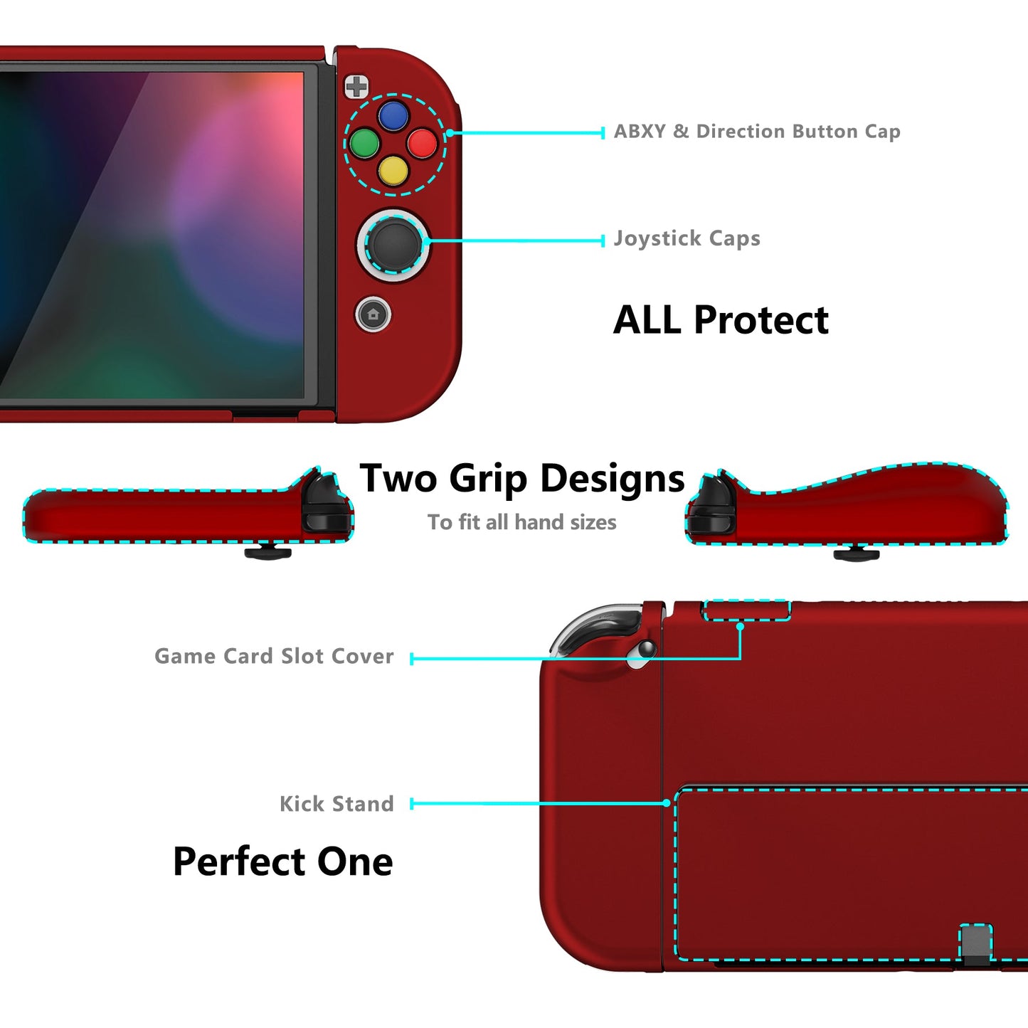 PlayVital AlterGrips Protective Slim Case for Nintendo Switch OLED, Ergonomic Grip Cover for Joycon, Dockable Hard Shell for Switch OLED with Thumb Grip Caps & Button Caps - Scarlet Red - JSOYP3004 playvital