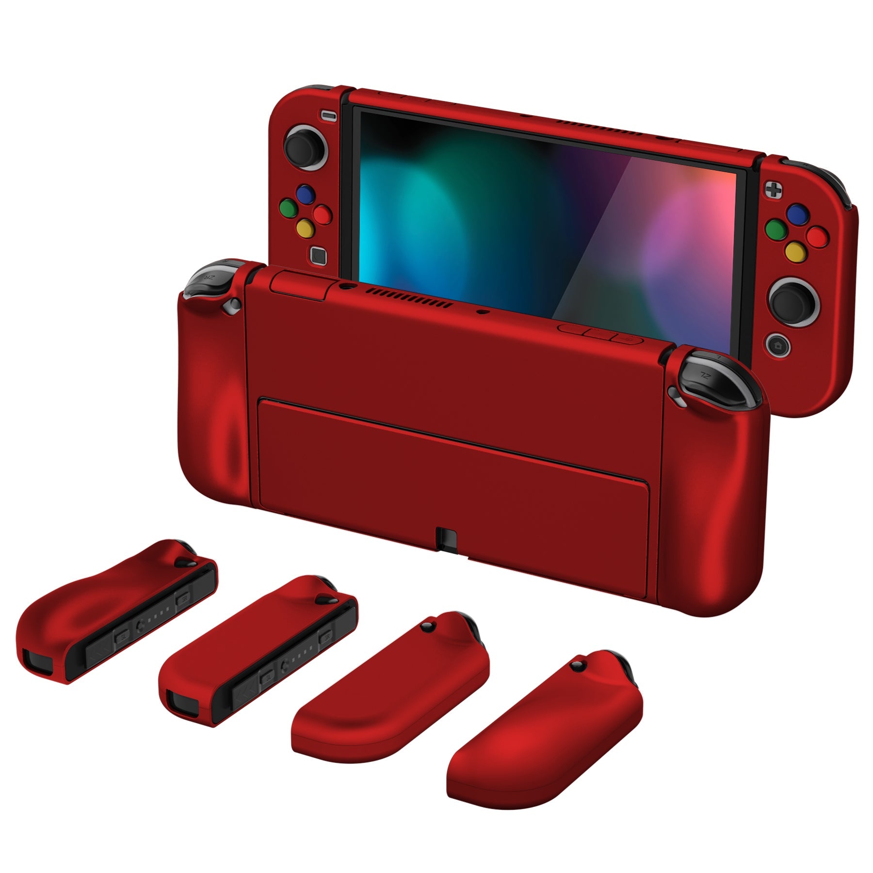 PlayVital AlterGrips Protective Slim Case for Nintendo Switch OLED, Ergonomic Grip Cover for Joycon, Dockable Hard Shell for Switch OLED with Thumb Grip Caps & Button Caps - Scarlet Red - JSOYP3004 playvital