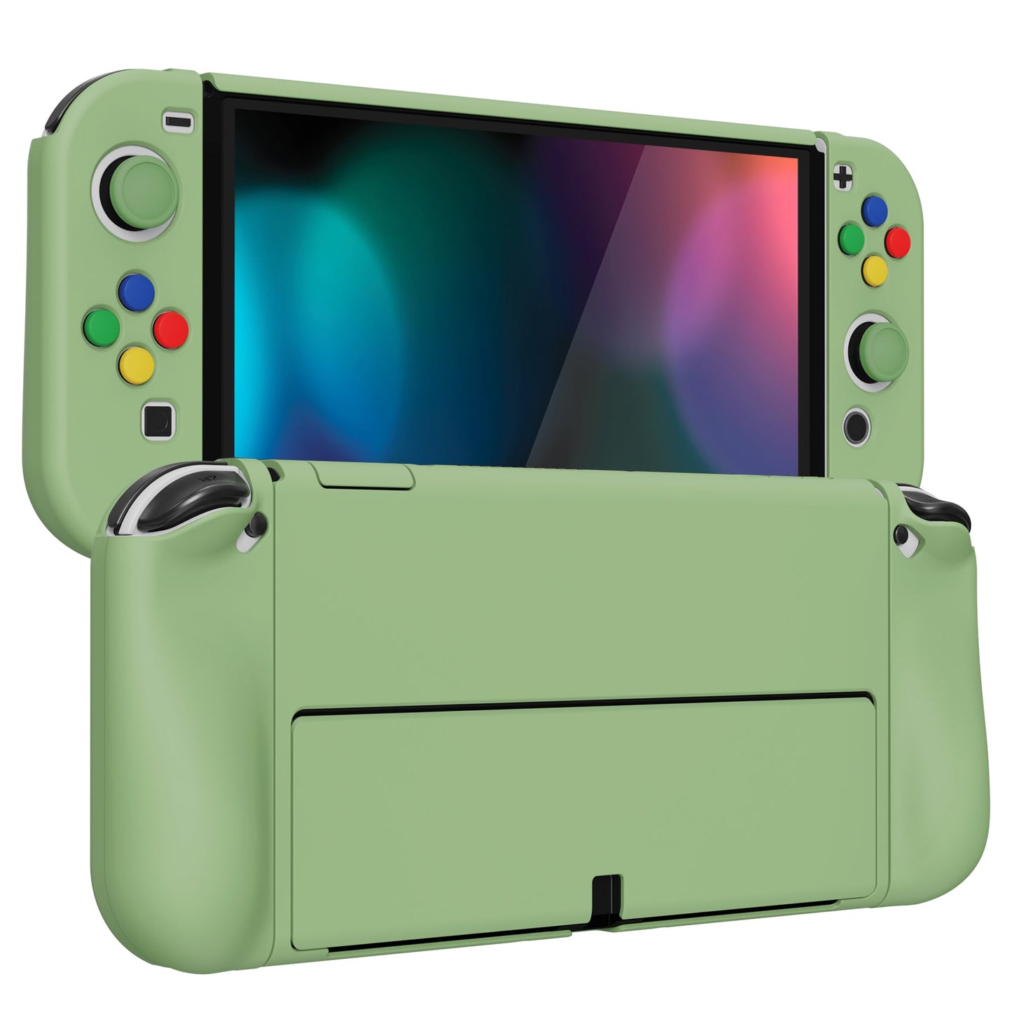 PlayVital AlterGrips Protective Slim Case for Nintendo Switch OLED, Ergonomic Grip Cover for Joycon, Dockable Hard Shell for Switch OLED with Thumb Grip Caps & Button Caps - Matcha Green - JSOYP3005 playvital