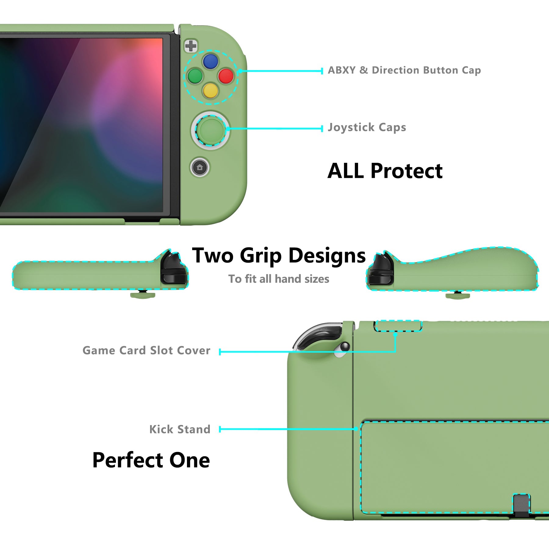 PlayVital AlterGrips Protective Slim Case for Nintendo Switch OLED, Ergonomic Grip Cover for Joycon, Dockable Hard Shell for Switch OLED with Thumb Grip Caps & Button Caps - Matcha Green - JSOYP3005 playvital