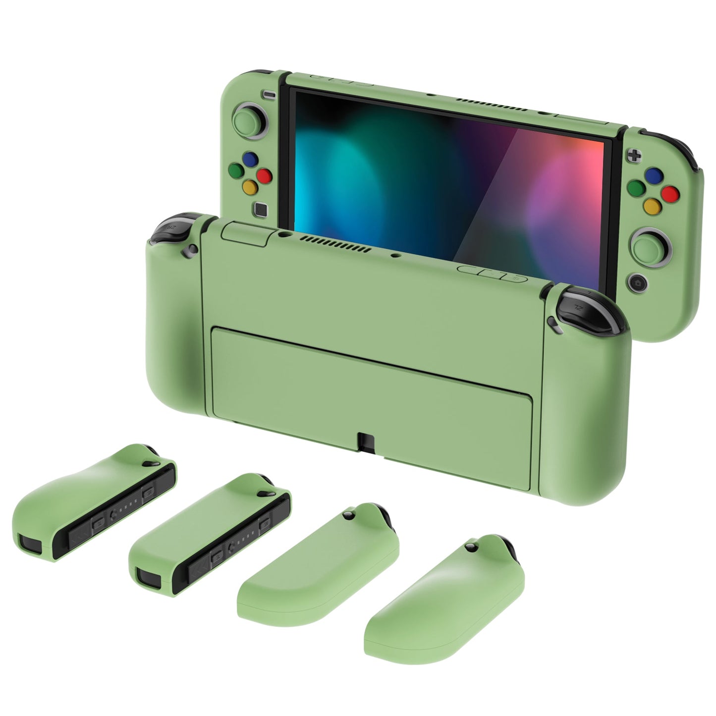 PlayVital AlterGrips Protective Slim Case for Nintendo Switch OLED, Ergonomic Grip Cover for Joycon, Dockable Hard Shell for Switch OLED with Thumb Grip Caps & Button Caps - Matcha Green - JSOYP3005 playvital