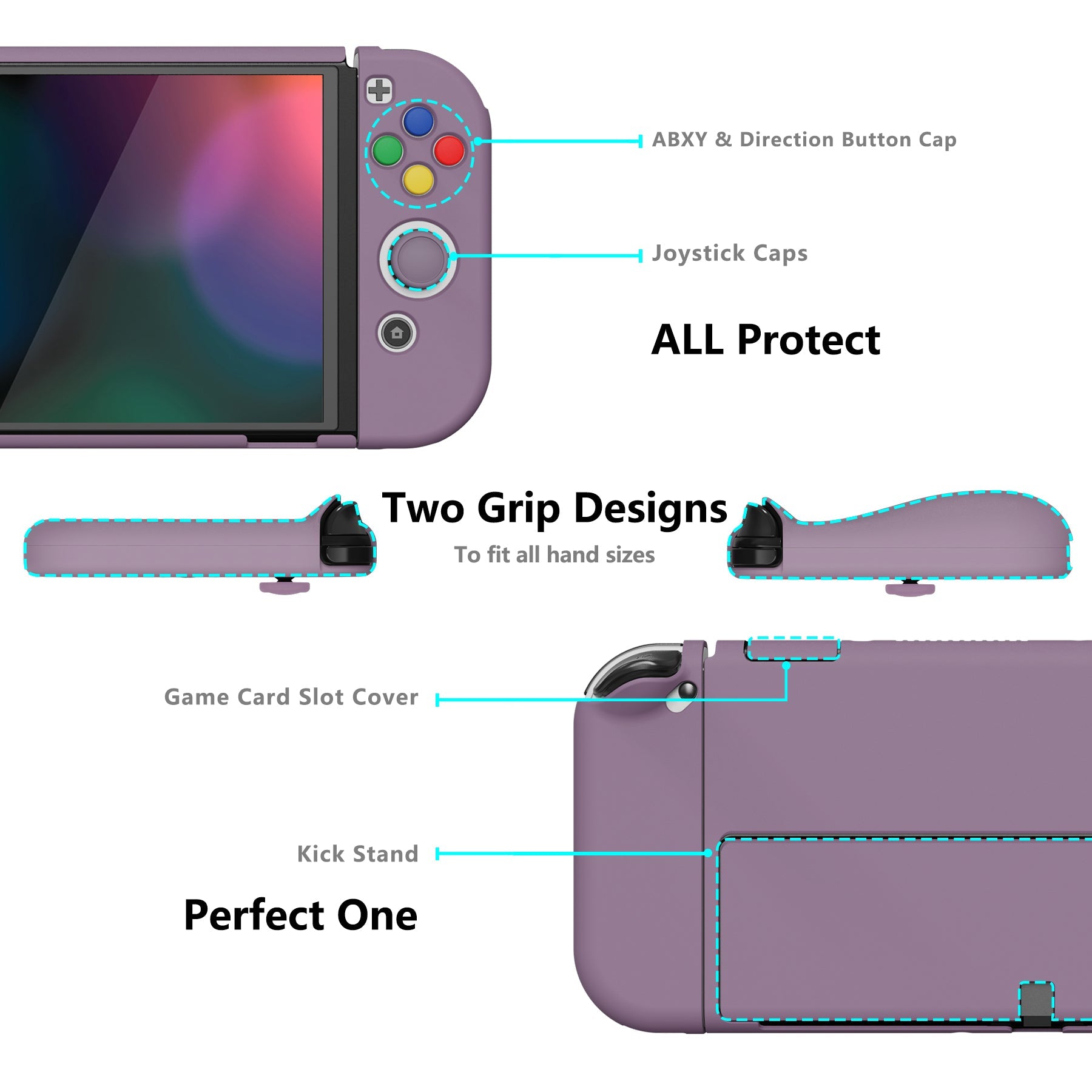 PlayVital AlterGrips Protective Slim Case for Nintendo Switch OLED, Ergonomic Grip Cover for Joycon, Dockable Hard Shell for Switch OLED with Thumb Grip Caps & Button Caps - Dark Grayish Violet - JSOYP3006 playvital