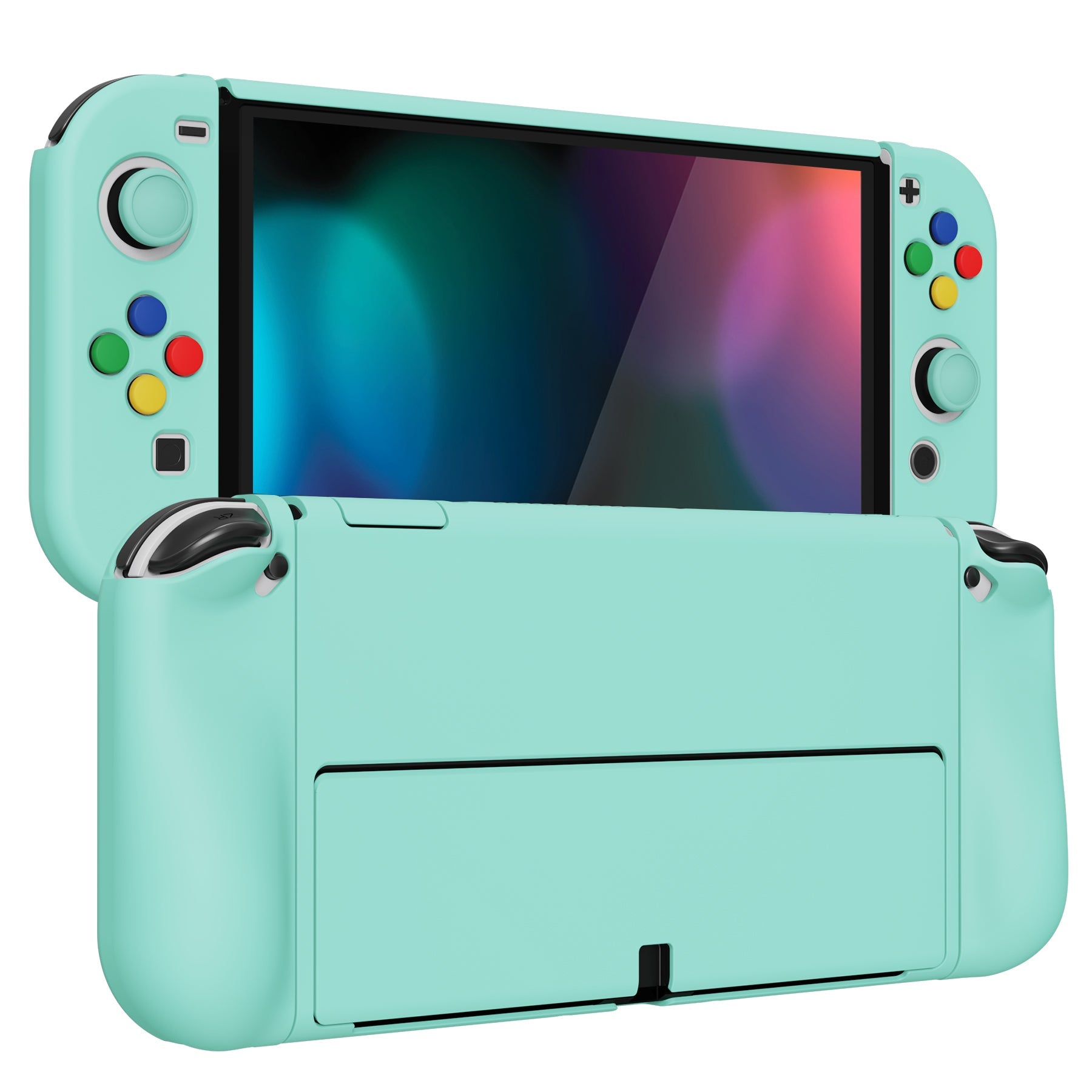 PlayVital AlterGrips Protective Slim Case for Nintendo Switch OLED, Ergonomic Grip Cover for Joycon, Dockable Hard Shell for Switch OLED with Thumb Grip Caps & Button Caps - Misty Green - JSOYP3009 playvital