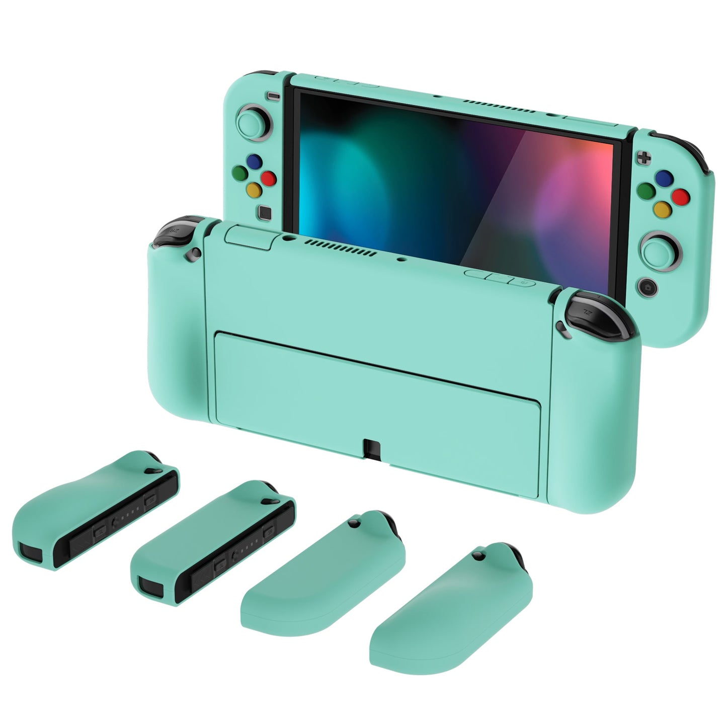 PlayVital AlterGrips Protective Slim Case for Nintendo Switch OLED, Ergonomic Grip Cover for Joycon, Dockable Hard Shell for Switch OLED with Thumb Grip Caps & Button Caps - Misty Green - JSOYP3009 playvital