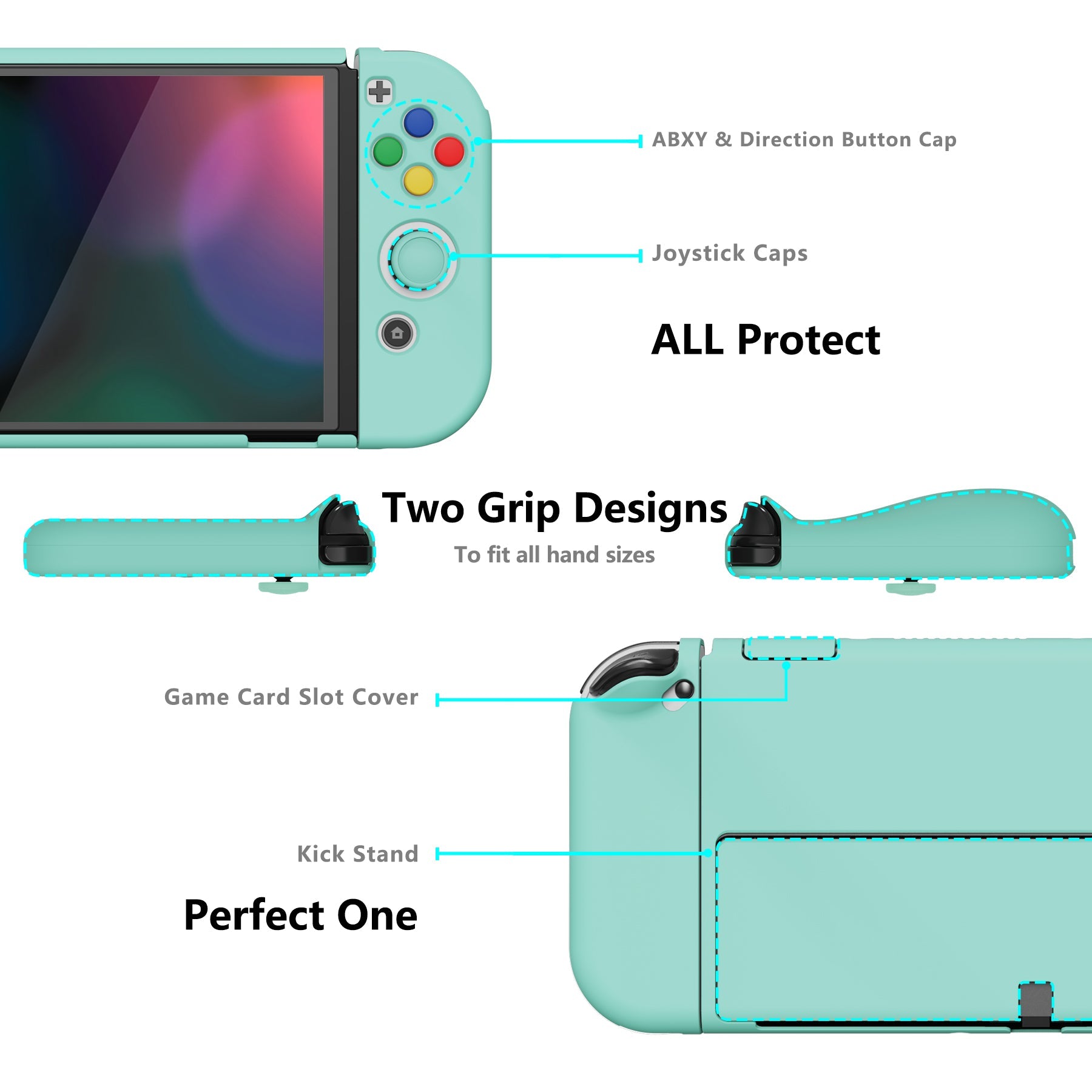 PlayVital AlterGrips Protective Slim Case for Nintendo Switch OLED, Ergonomic Grip Cover for Joycon, Dockable Hard Shell for Switch OLED with Thumb Grip Caps & Button Caps - Misty Green - JSOYP3009 playvital