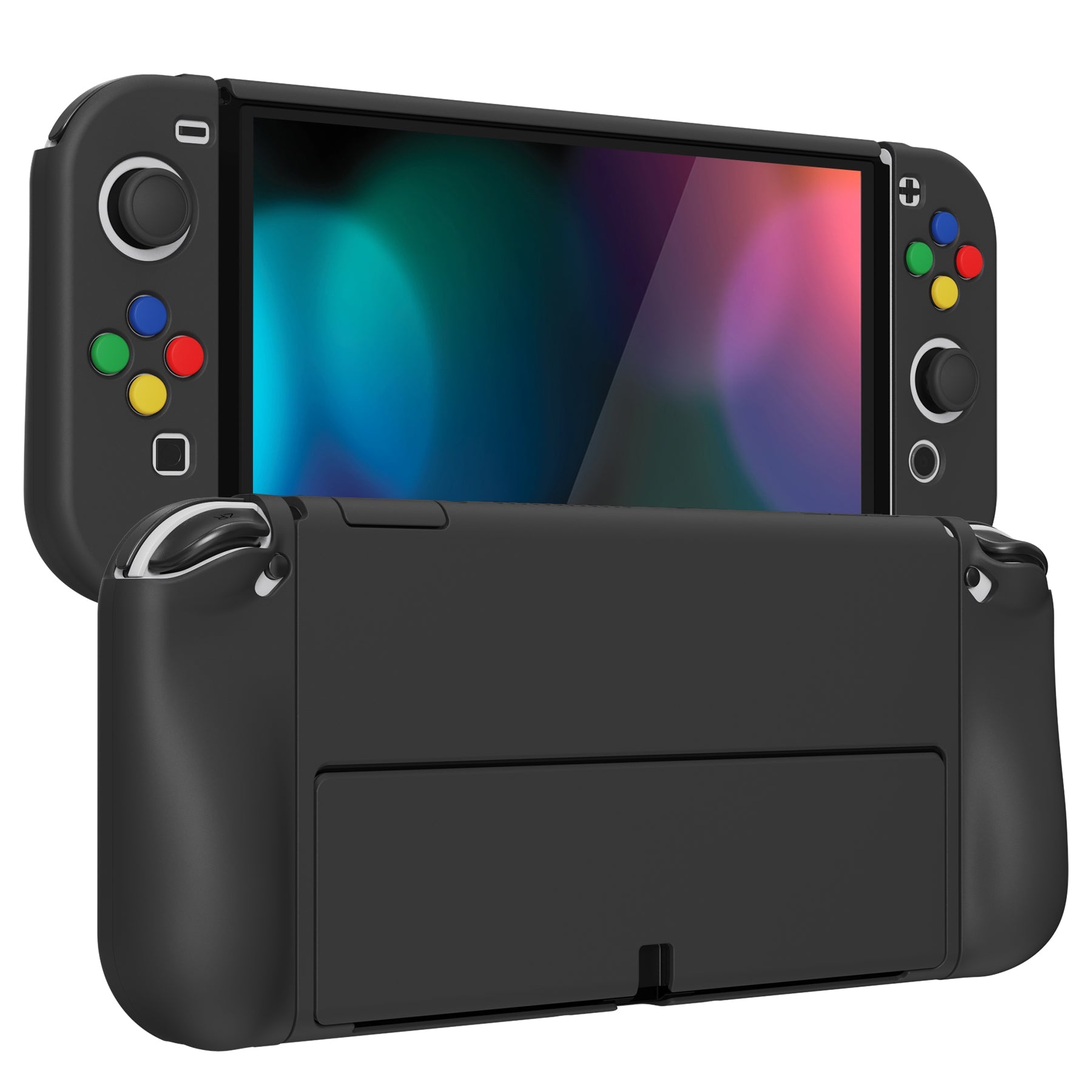 PlayVital AlterGrips Protective Slim Case for Nintendo Switch OLED, Ergonomic Grip Cover for Joycon, Dockable Hard Shell for Switch OLED with Thumb Grip Caps & Button Caps - Black - JSOYP3011 playvital