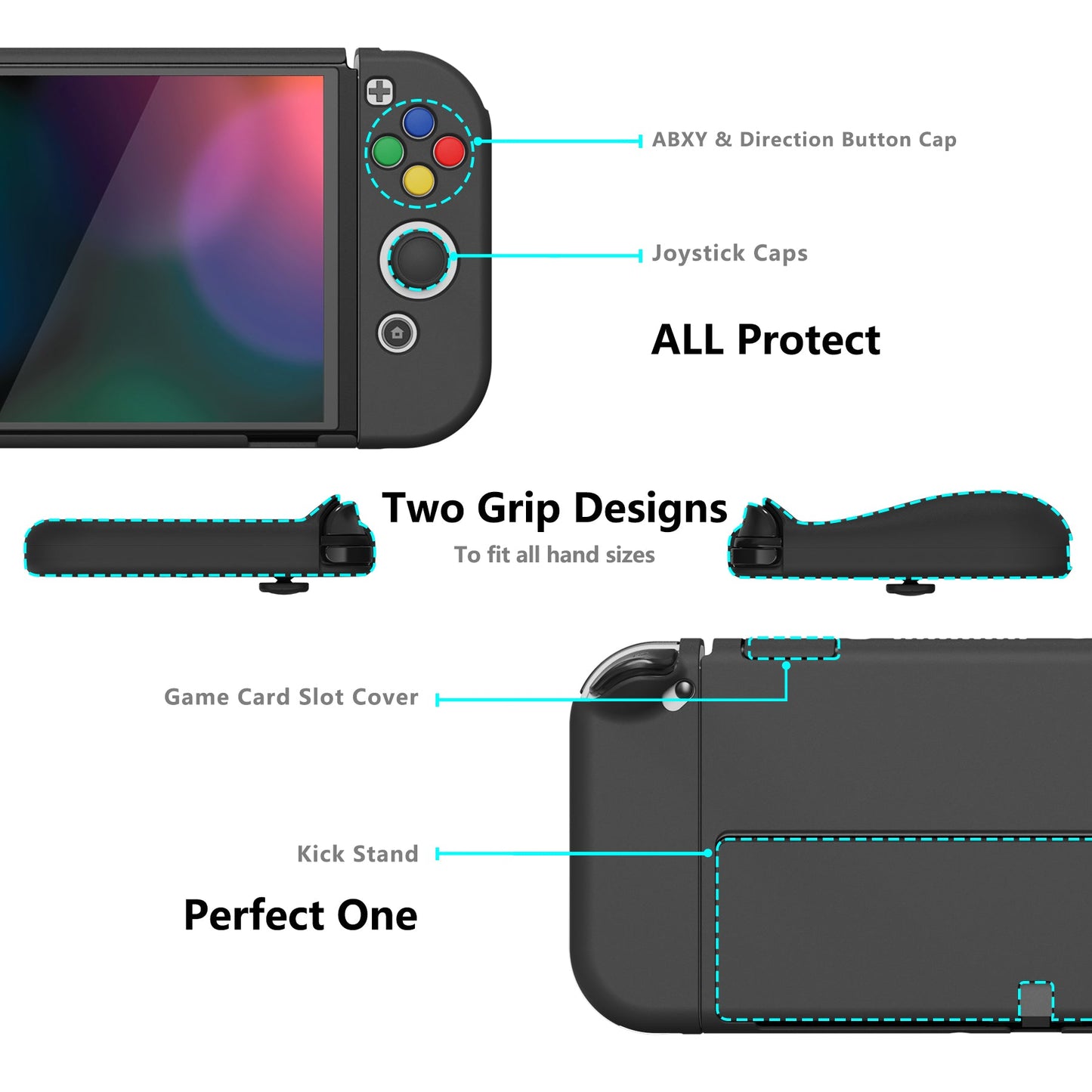 PlayVital AlterGrips Protective Slim Case for Nintendo Switch OLED, Ergonomic Grip Cover for Joycon, Dockable Hard Shell for Switch OLED with Thumb Grip Caps & Button Caps - Black - JSOYP3011 playvital