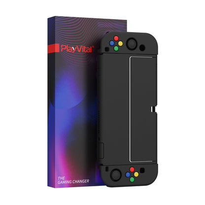 PlayVital AlterGrips Protective Slim Case for Nintendo Switch OLED, Ergonomic Grip Cover for Joycon, Dockable Hard Shell for Switch OLED with Thumb Grip Caps & Button Caps - Black - JSOYP3011 playvital