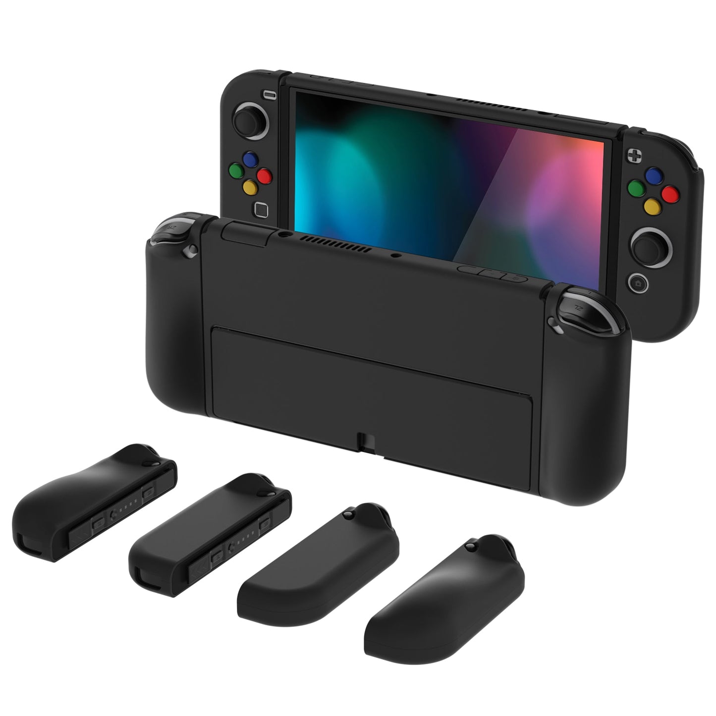 PlayVital AlterGrips Protective Slim Case for Nintendo Switch OLED, Ergonomic Grip Cover for Joycon, Dockable Hard Shell for Switch OLED with Thumb Grip Caps & Button Caps - Black - JSOYP3011 playvital