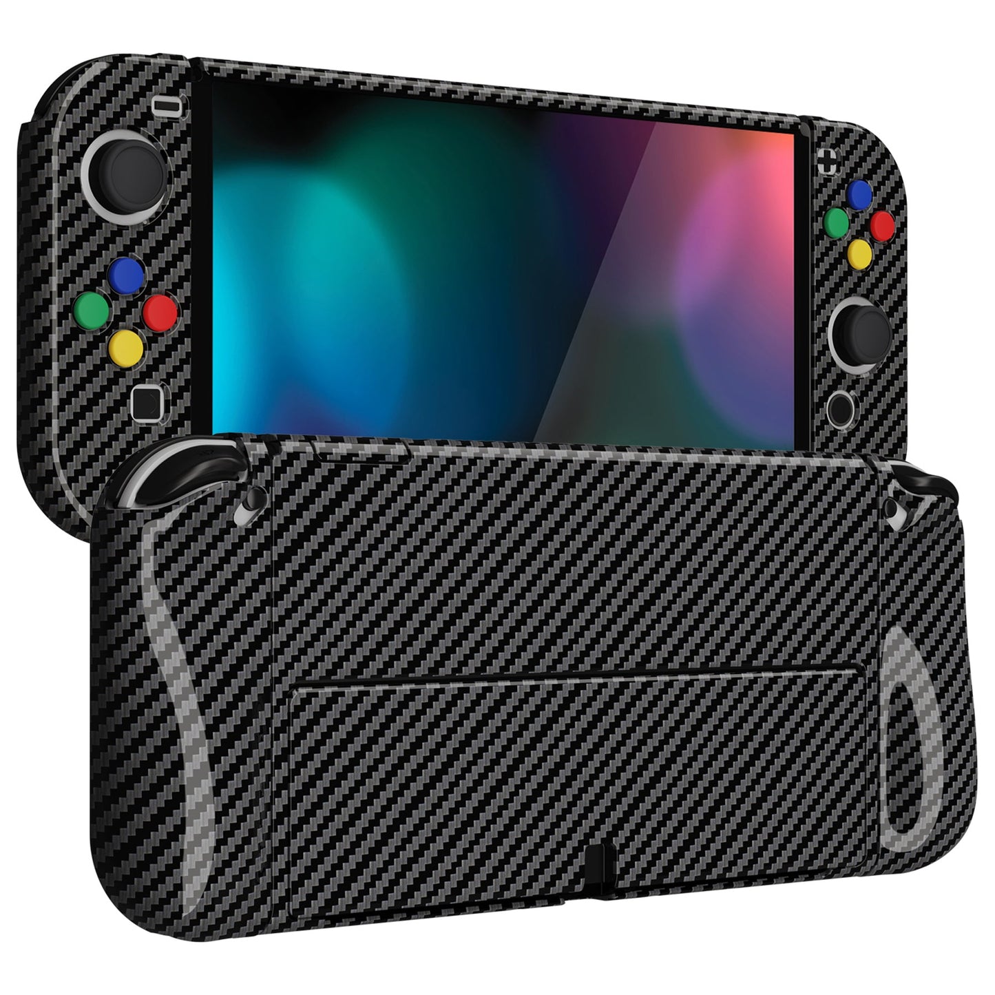 PlayVital AlterGrips Protective Slim Case for Nintendo Switch OLED, Ergonomic Grip Cover for Joycon, Dockable Hard Shell for Switch OLED with Thumb Grip Caps & Button Caps - Graphite Carbon Fiber - JSOYS2002 playvital