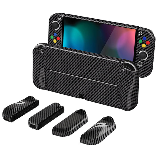 PlayVital AlterGrips Protective Slim Case for Nintendo Switch OLED, Ergonomic Grip Cover for Joycon, Dockable Hard Shell for Switch OLED with Thumb Grip Caps & Button Caps - Graphite Carbon Fiber - JSOYS2002 playvital