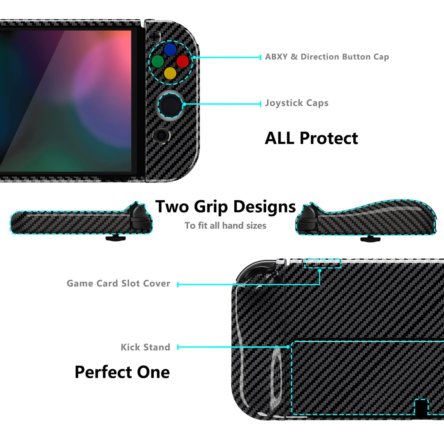 PlayVital AlterGrips Protective Slim Case for Nintendo Switch OLED, Ergonomic Grip Cover for Joycon, Dockable Hard Shell for Switch OLED with Thumb Grip Caps & Button Caps - Graphite Carbon Fiber - JSOYS2002 playvital