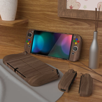 PlayVital AlterGrips Protective Slim Case for Nintendo Switch OLED, Ergonomic Grip Cover for Joycon, Dockable Hard Shell for Switch OLED with Thumb Grip Caps & Button Caps - Wood Grain - JSOYS2001 playvital