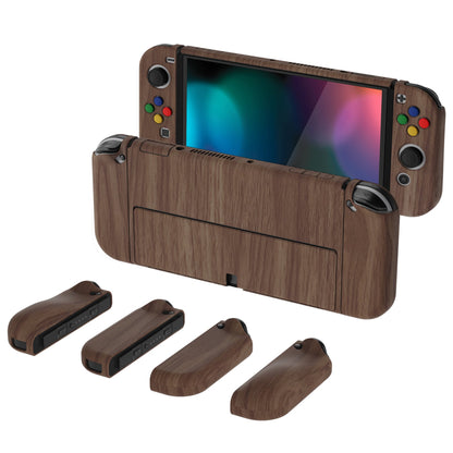 PlayVital AlterGrips Protective Slim Case for Nintendo Switch OLED, Ergonomic Grip Cover for Joycon, Dockable Hard Shell for Switch OLED with Thumb Grip Caps & Button Caps - Wood Grain - JSOYS2001 playvital