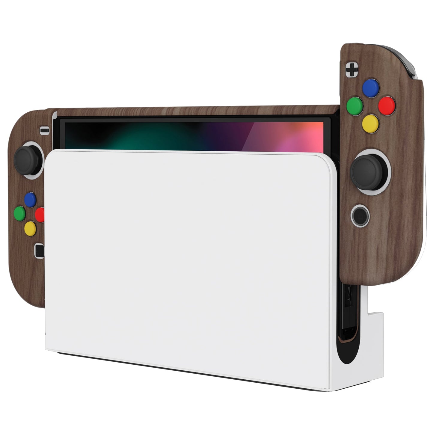 PlayVital AlterGrips Protective Slim Case for Nintendo Switch OLED, Ergonomic Grip Cover for Joycon, Dockable Hard Shell for Switch OLED with Thumb Grip Caps & Button Caps - Wood Grain - JSOYS2001 playvital